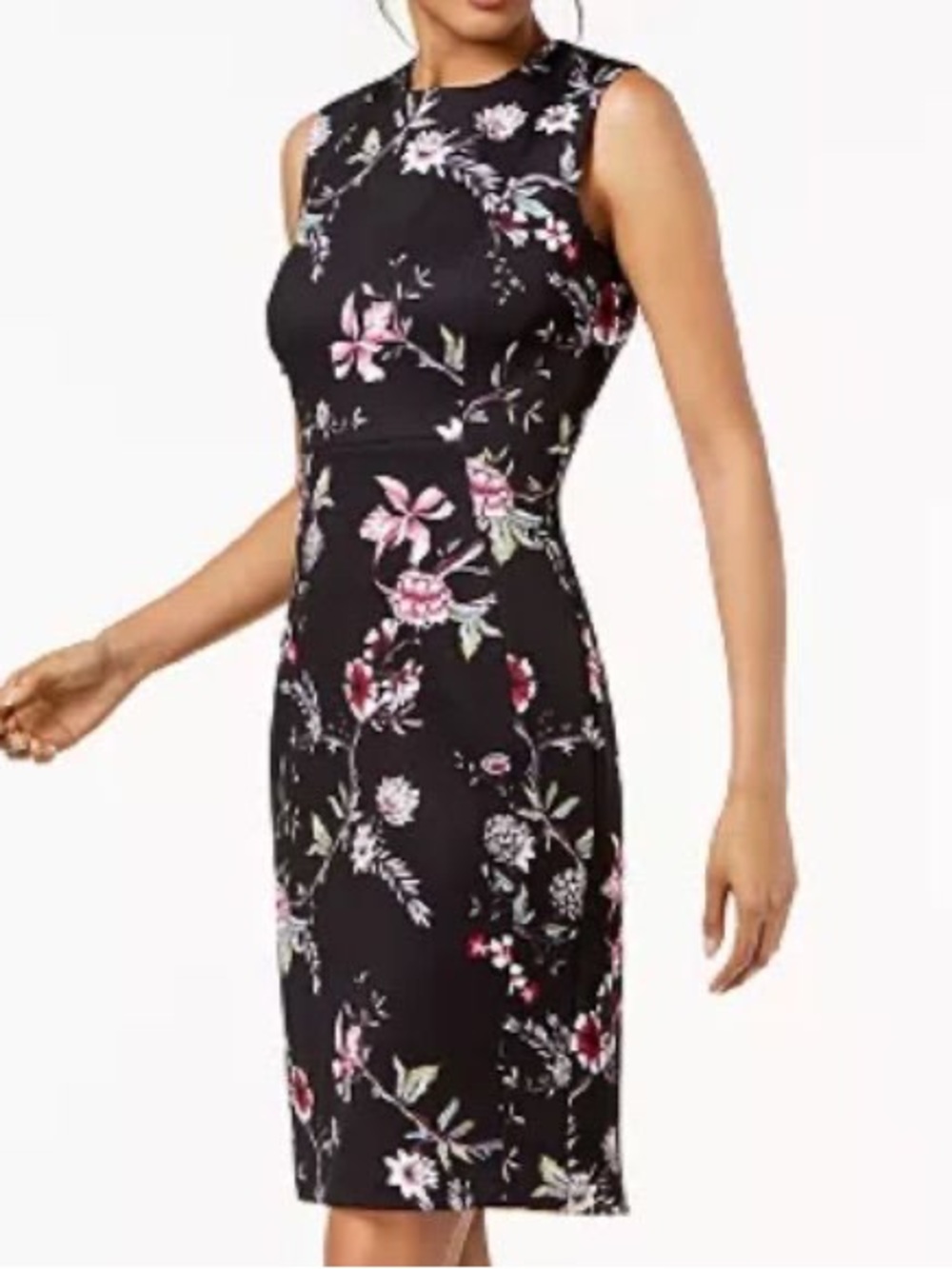 Calvin Klein Black Midi Sheath Dress with Pink Floral Print